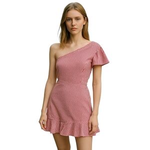 Parker Pink Striped One Shoulder Ruffle Hem Cotton Mini Dress 2 Preowned
